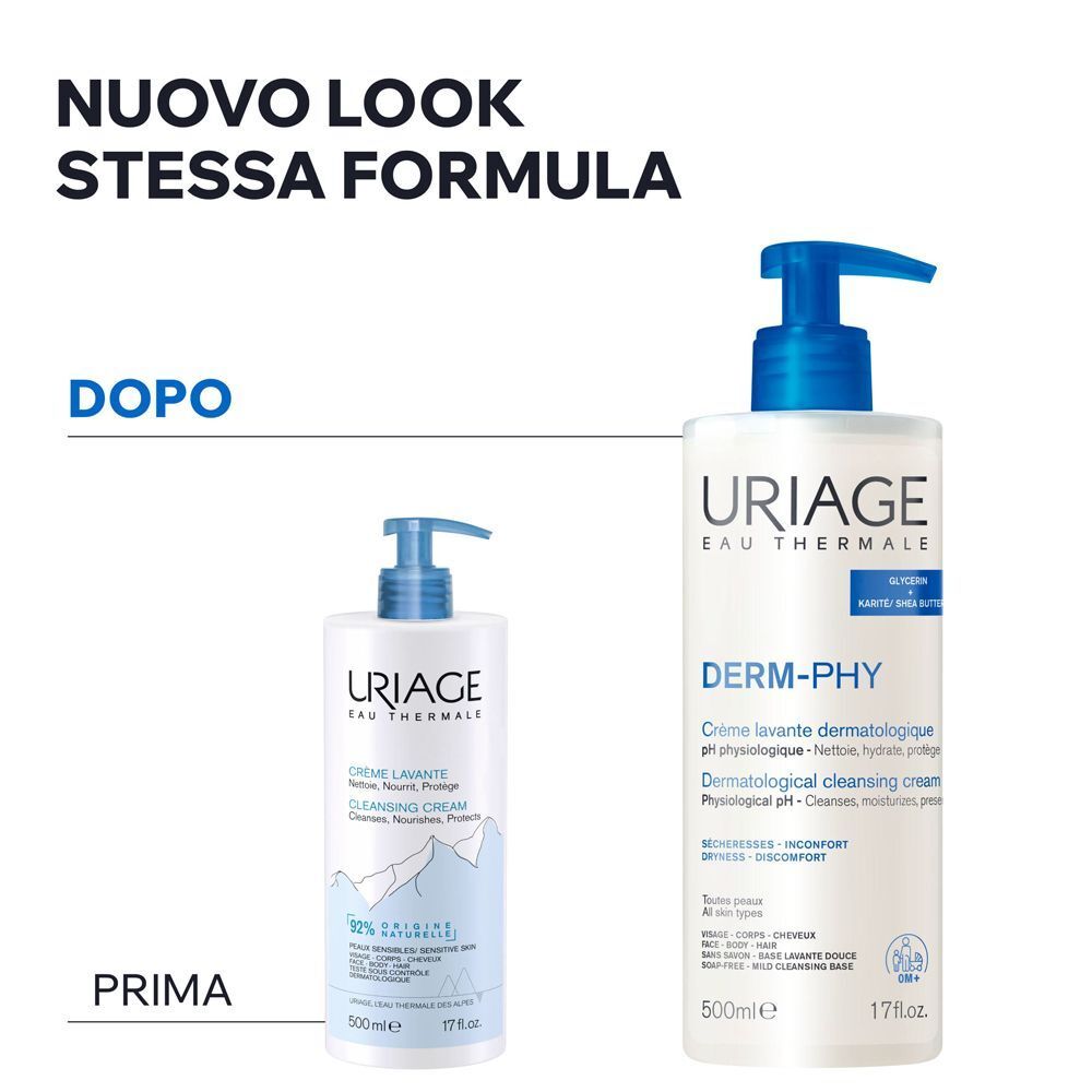 Uriage Derm-Phy crema lavante: packaging precedente e nuovo. Stessa formula, 500ml.