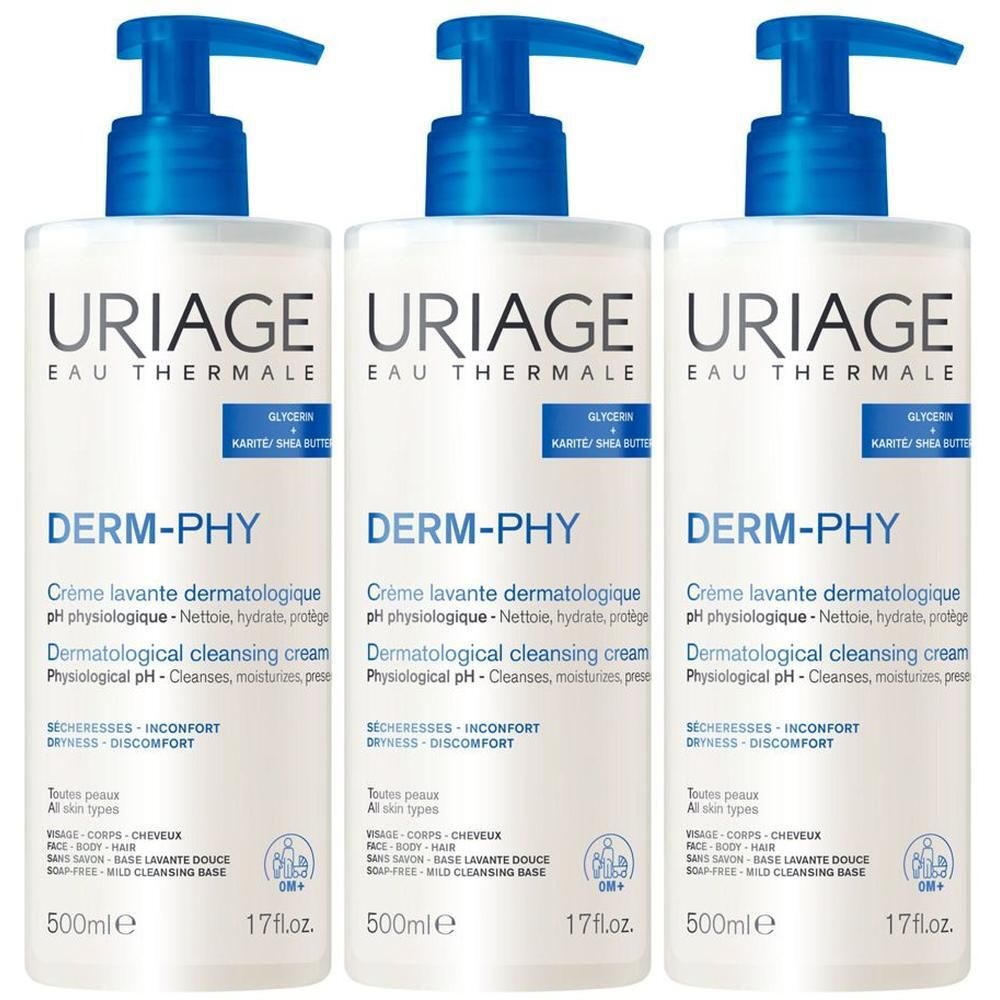Tre flaconi con pompa URIAGE DERM-PHY Crema Lavante, 500ml.