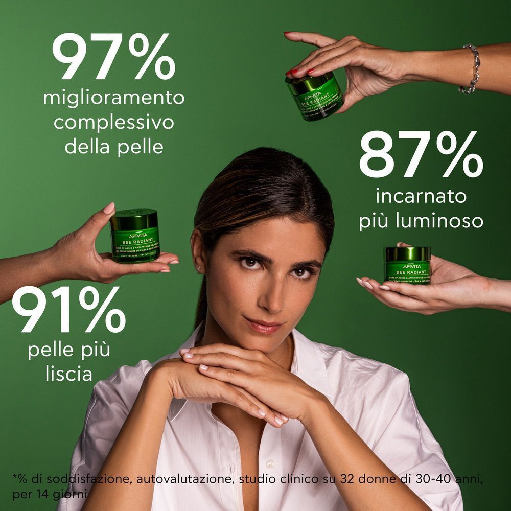 Mani presentano vaso APIVITA BEE RADIANT crema viso, con percentuali di miglioramento della pelle.