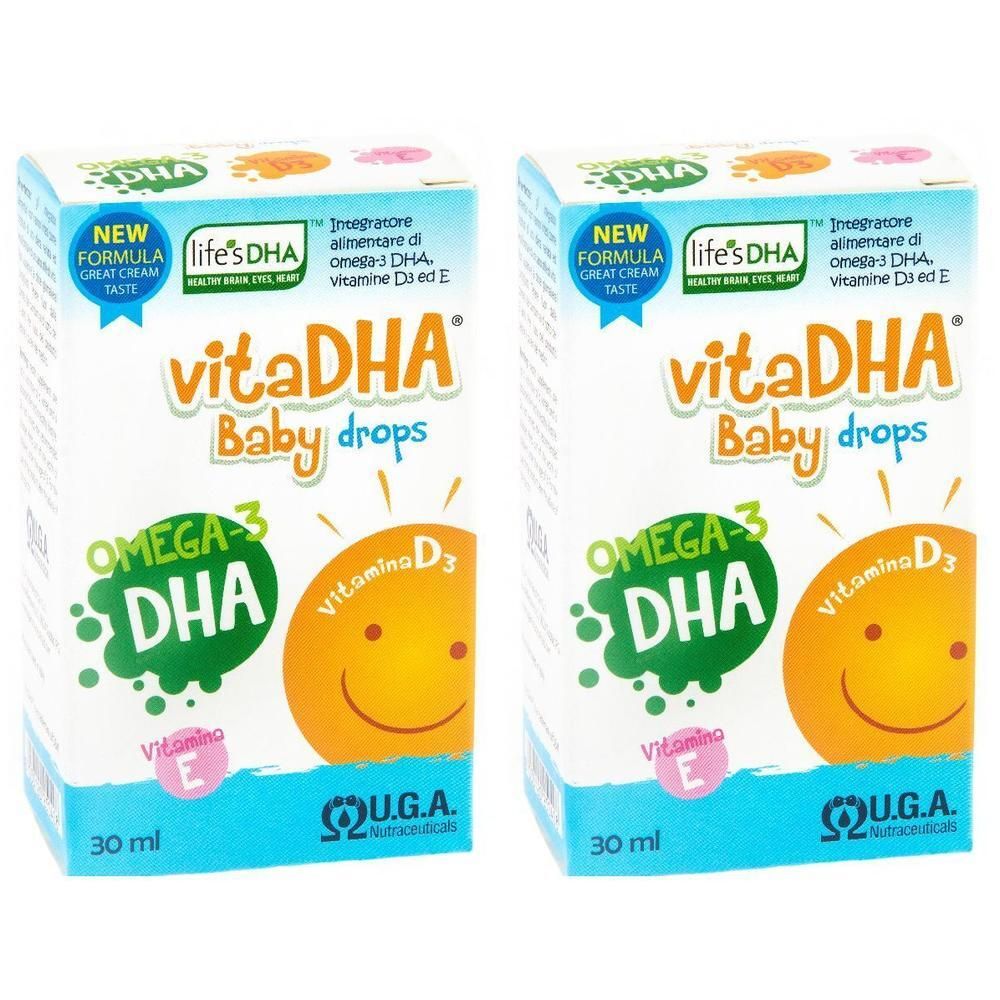 Due confezioni di VitaDHA Baby Drops con Omega-3 DHA e Vitamina D3/E. 30 ml per confezione.