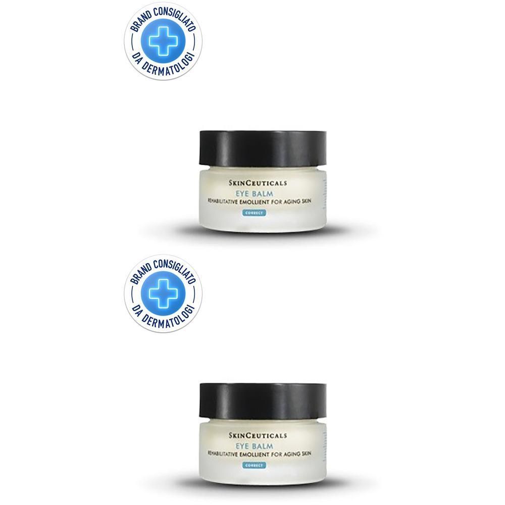 Due vasetti SkinCeuticals Eye Balm con tappo nero ed etichetta.