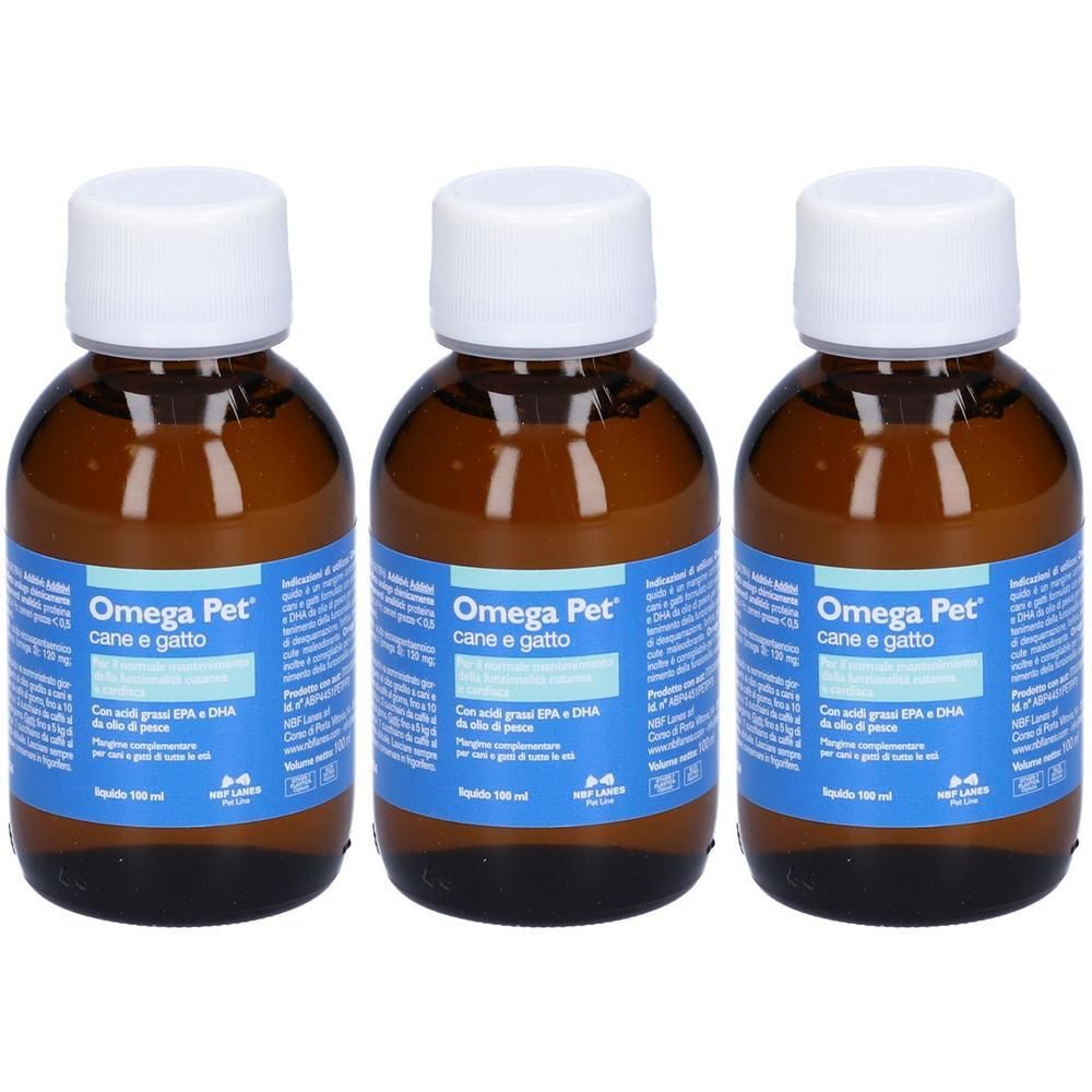 Omega Pet Cane e Gatto, 3 flaconi di integratore liquido.