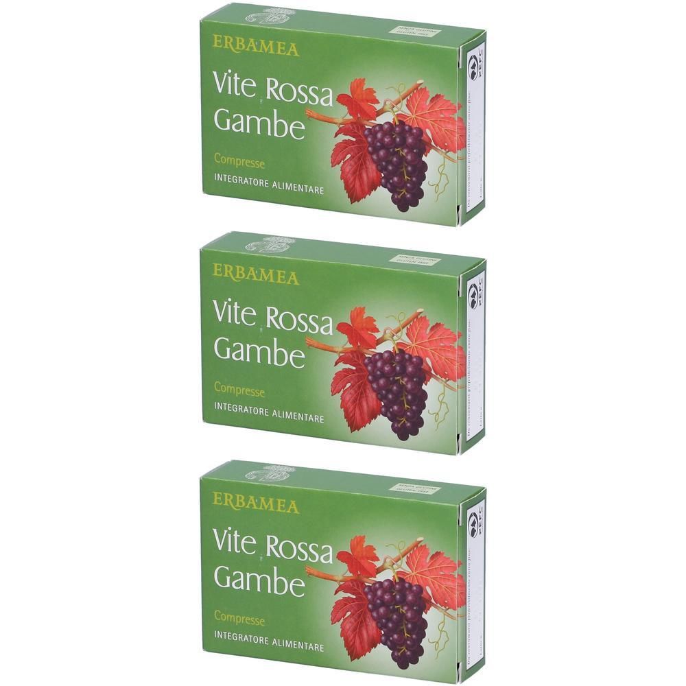 Tre confezioni di Erbamea Vite Rossa Gambe Compresse con grappoli d'uva rossa e foglie.