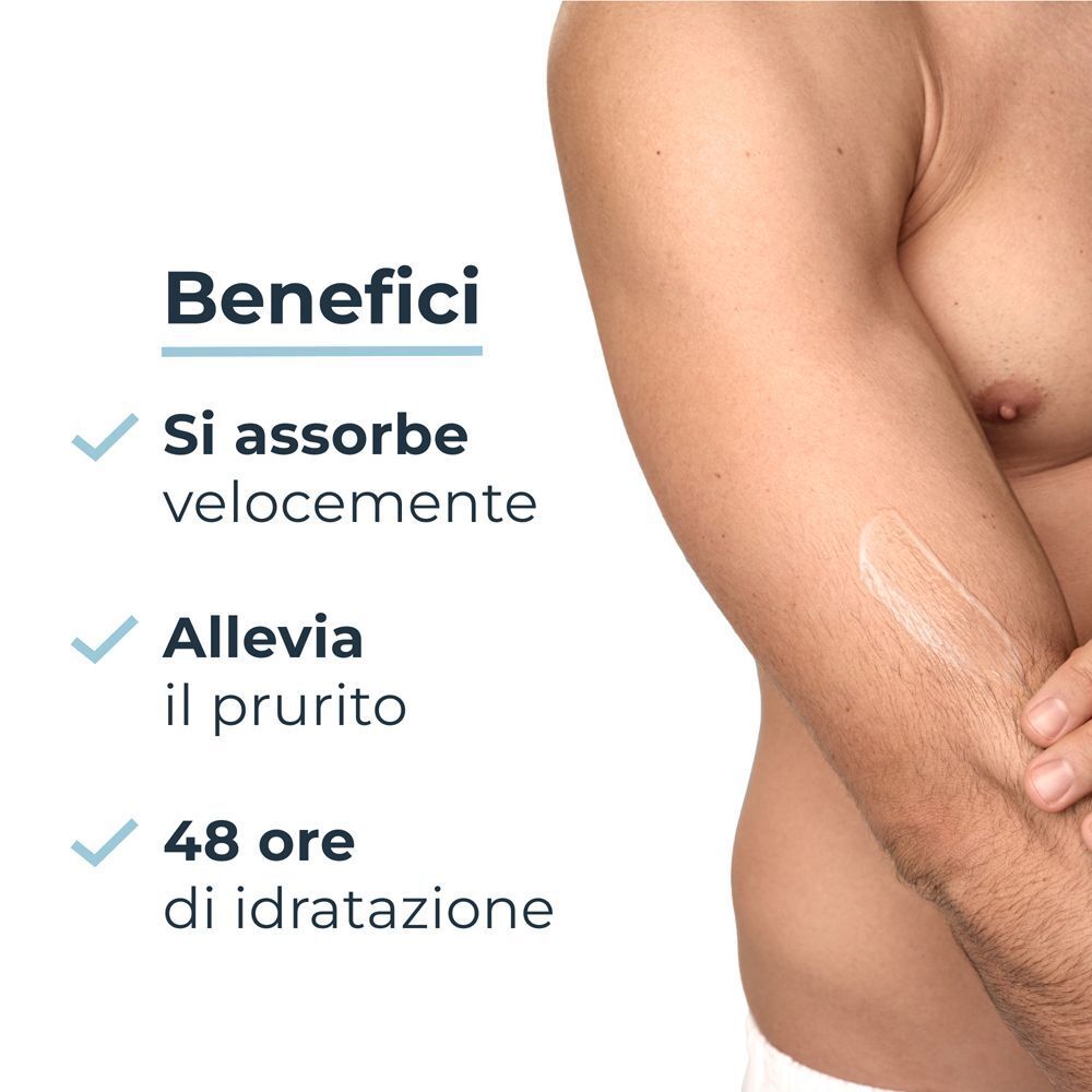 Braccio con lozione Eucerin Atopi Control, rapido assorbimento e sollievo dal prurito.