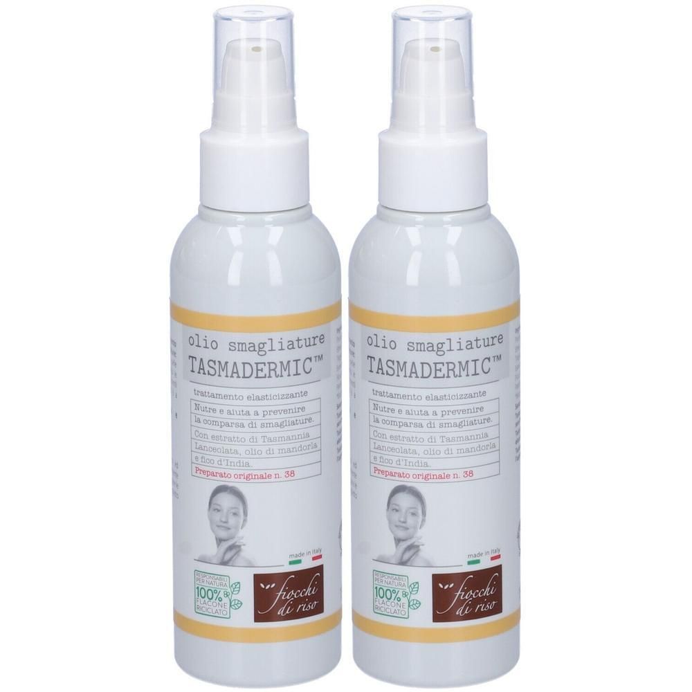 Due flaconi spray bianchi con olio Tasmadermic.