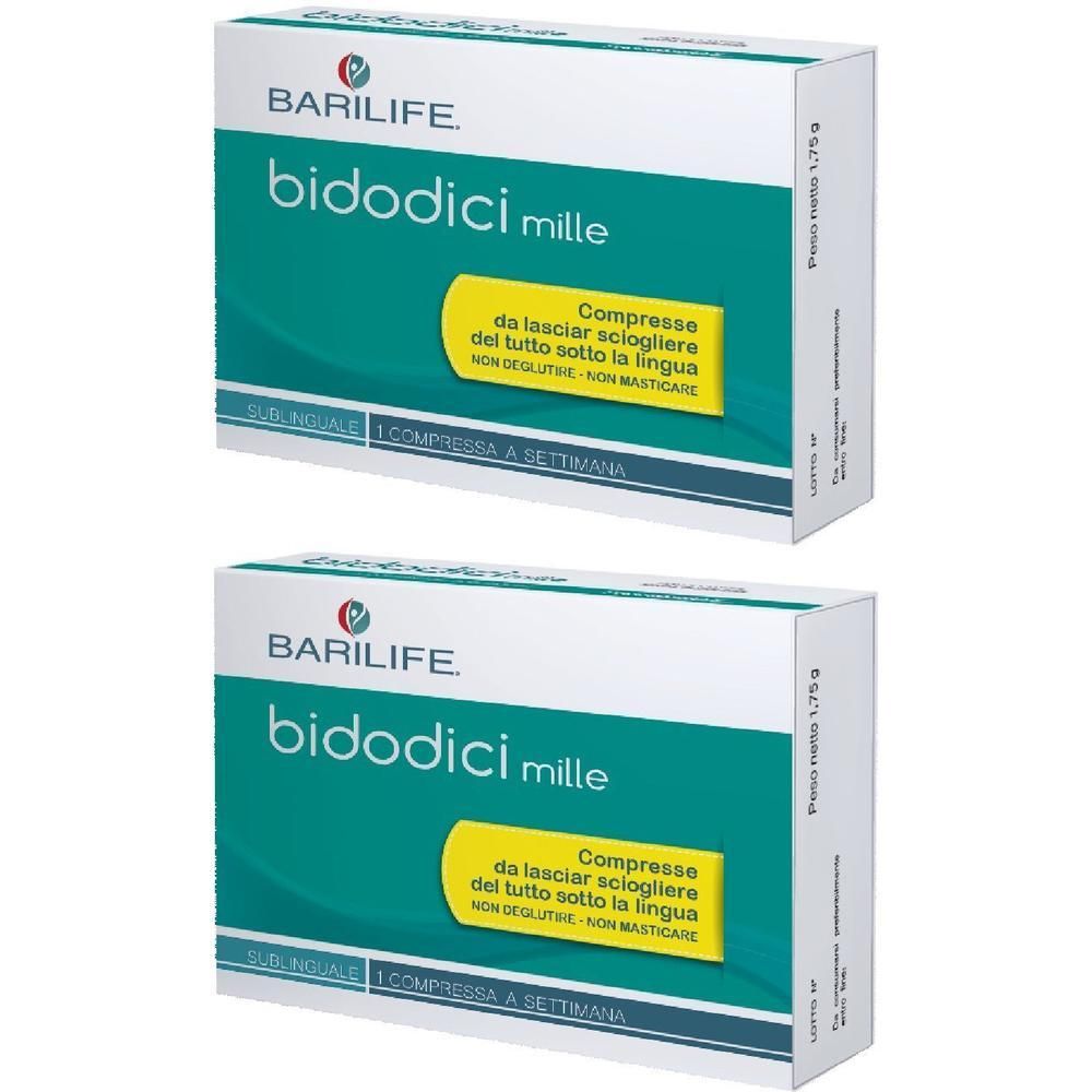 Due confezioni di compresse Barilife Bidodici Mille. Scatole bianche con accenti turchesi.