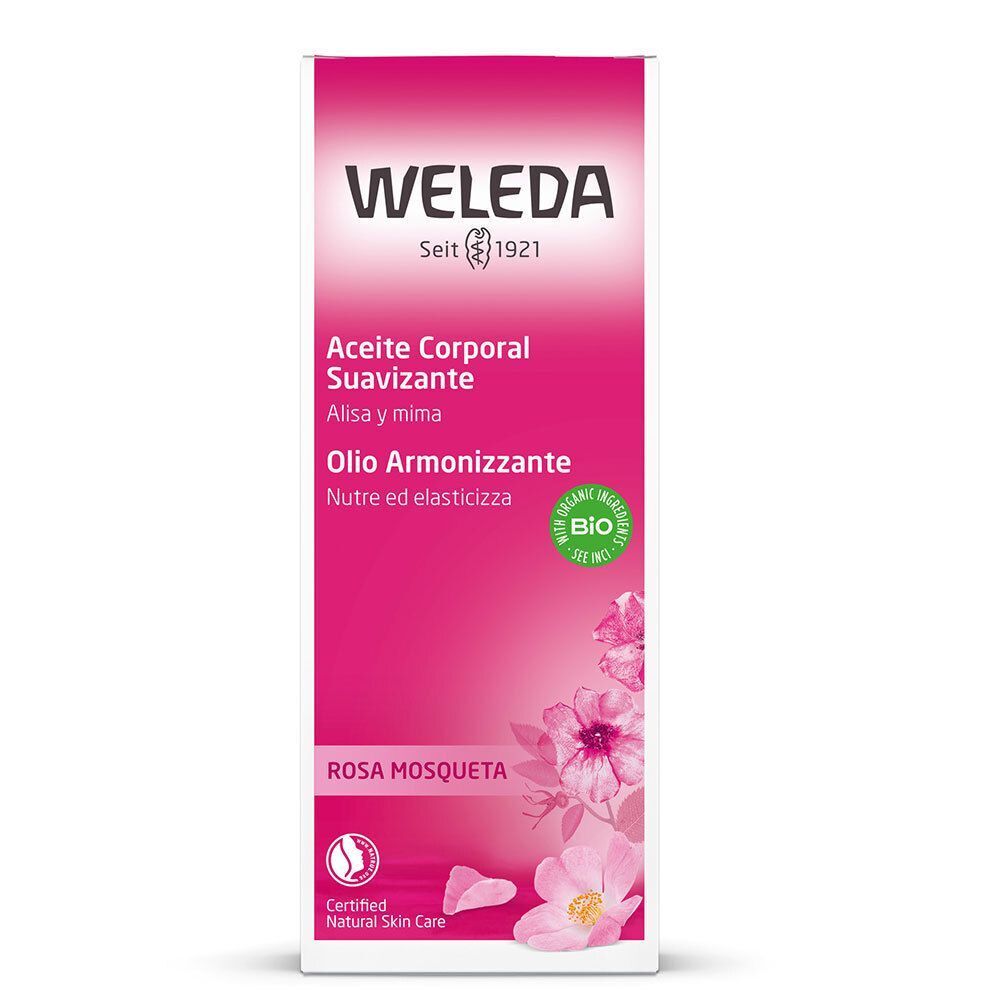 Confezione per Olio Armonizzante WELEDA Rosa Mosqueta. Etichetta rosa con fiori e sigillo BIO.