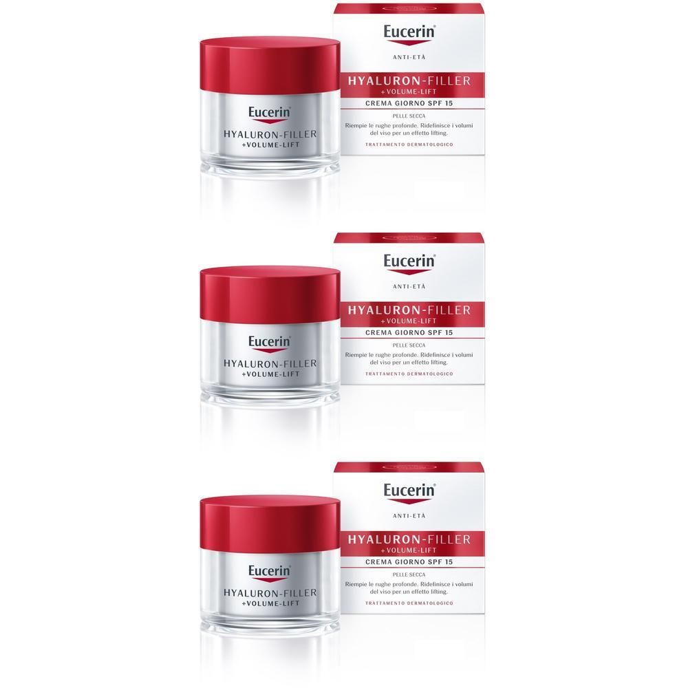 Tre vasetti di crema giorno Eucerin Hyaluron-Filler con confezione.