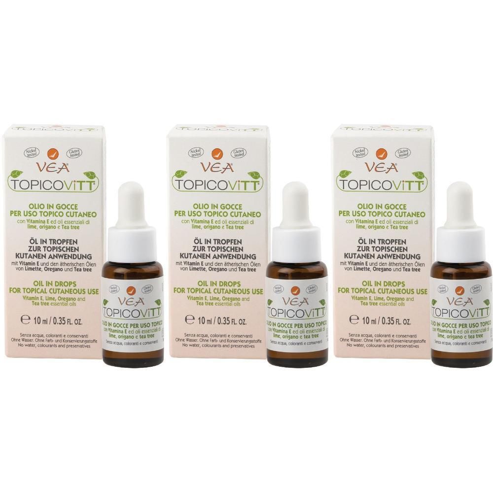 Tre flaconi di Vea Topicovit olio in gocce per uso topico cutaneo, 10 ml.