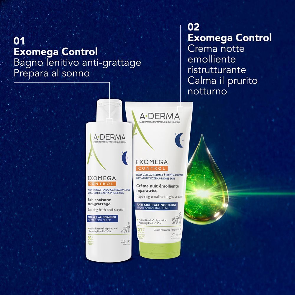 A-Derma Exomega Control Crema Notte emolliente ristrutturante, Lenisce la sensazione di prurito, aiuta a ritrovare il sonno, Pelle secca a tendenza atopica, 200ml