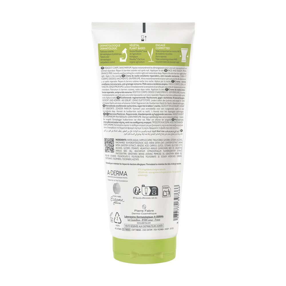 A-Derma Exomega Control Crema Notte emolliente ristrutturante, Lenisce la sensazione di prurito, aiuta a ritrovare il sonno, Pelle secca a tendenza atopica, 200ml
