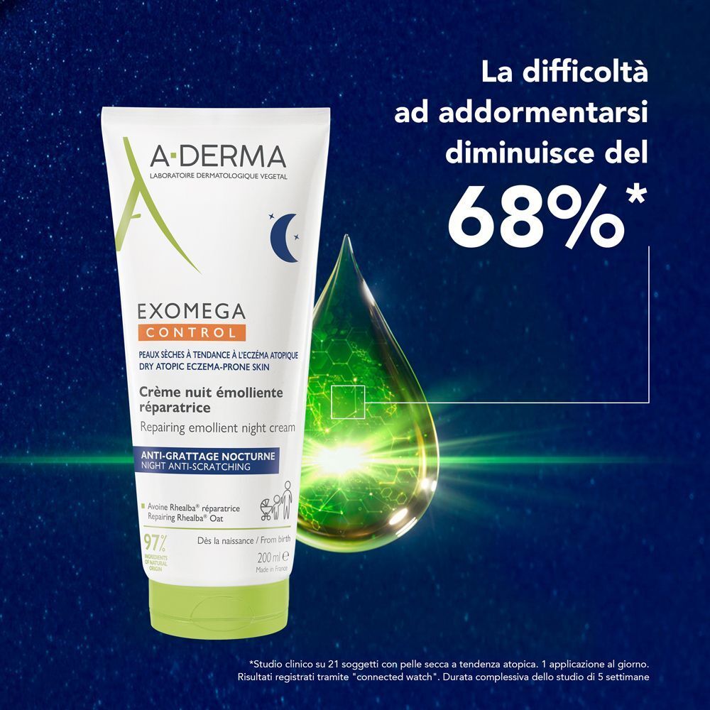 A-Derma Exomega Control Crema Notte emolliente ristrutturante, Lenisce la sensazione di prurito, aiuta a ritrovare il sonno, Pelle secca a tendenza atopica, 200ml