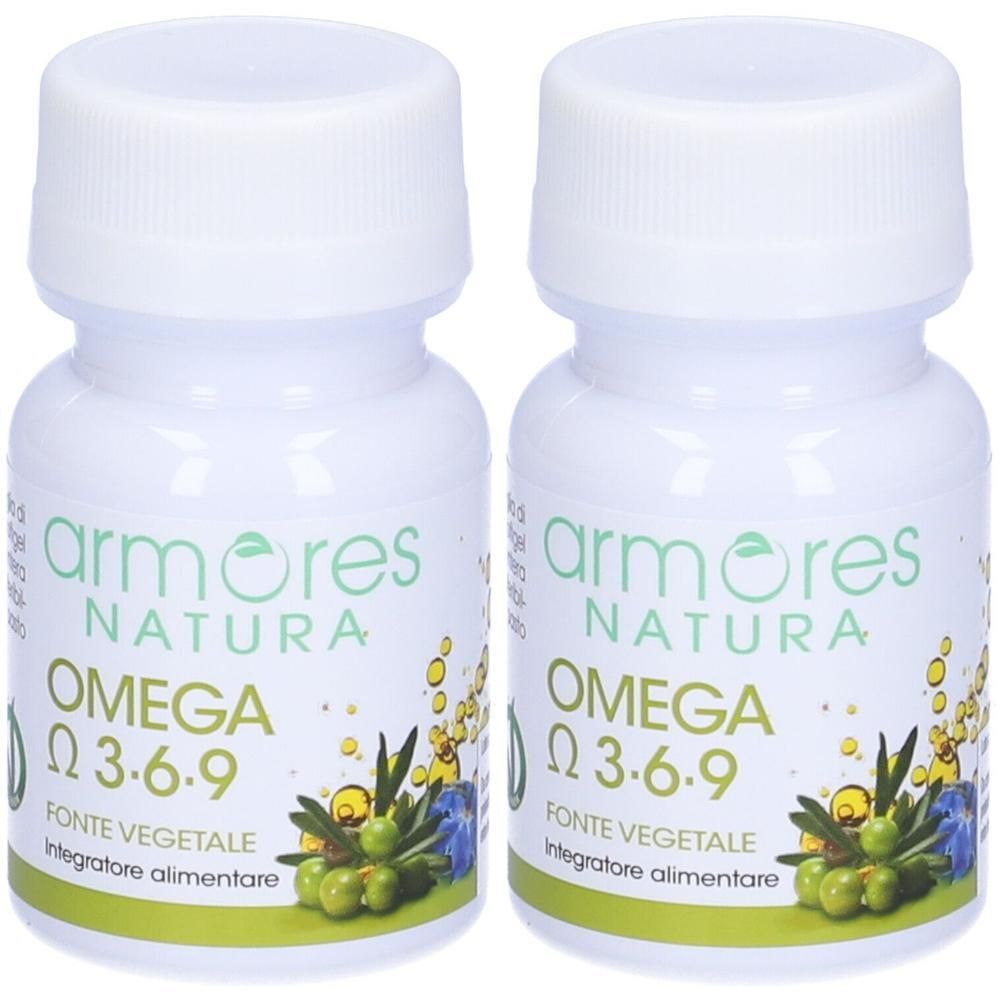 Due flaconi bianchi Armores Natura Omega 3-6-9, fonte vegetale, integratore alimentare.