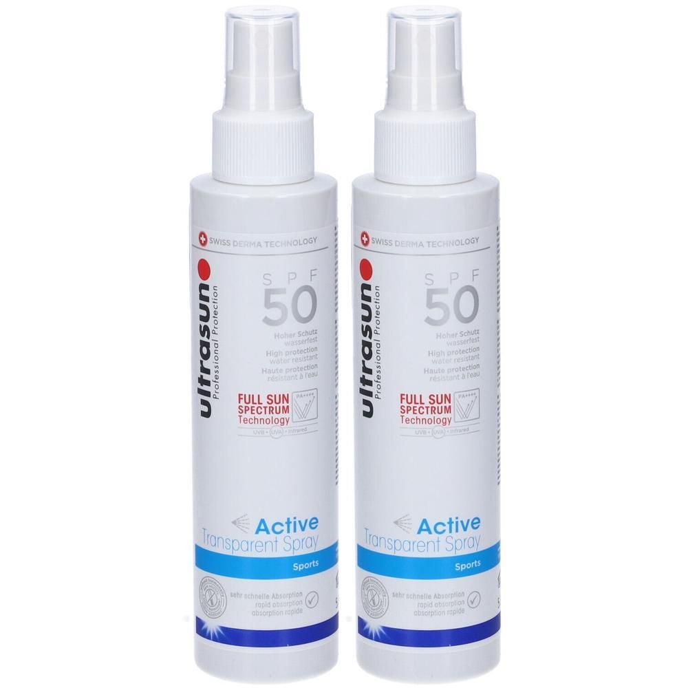 Due flaconi di Ultrasun Active Transparent Spray SPF 50 Sports con spray.