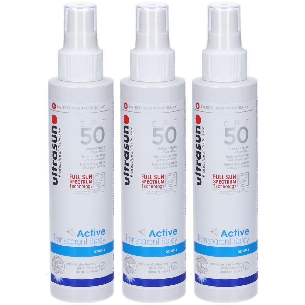 Tre flaconi spray Ultrasun Active Transparent Spray SPF 50 Sports con etichetta bianca e accenti blu.