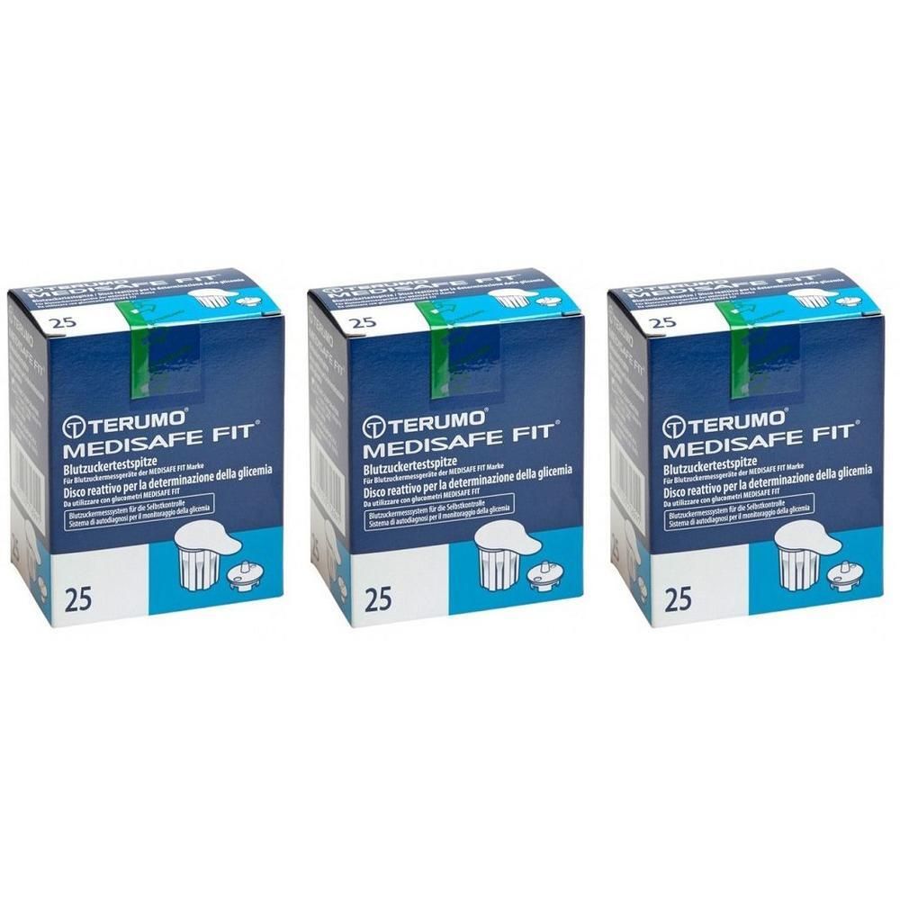 Tre confezioni da 25 strisce reattive per la determinazione della glicemia Medisafe Fit.