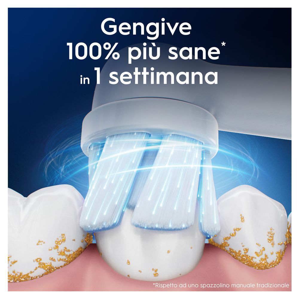 Testina di spazzolino elettrico con setole che agiscono sui denti con placca.