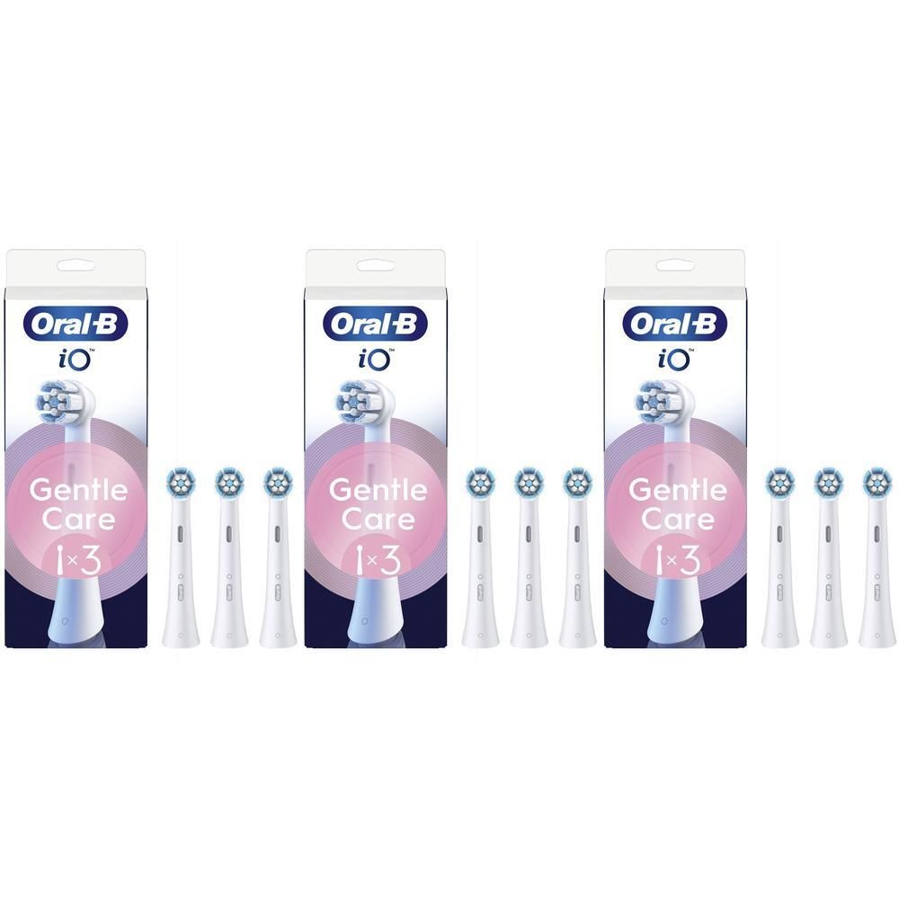 Tre confezioni di testine Oral-B iO Gentle Care. Ogni confezione contiene tre testine.