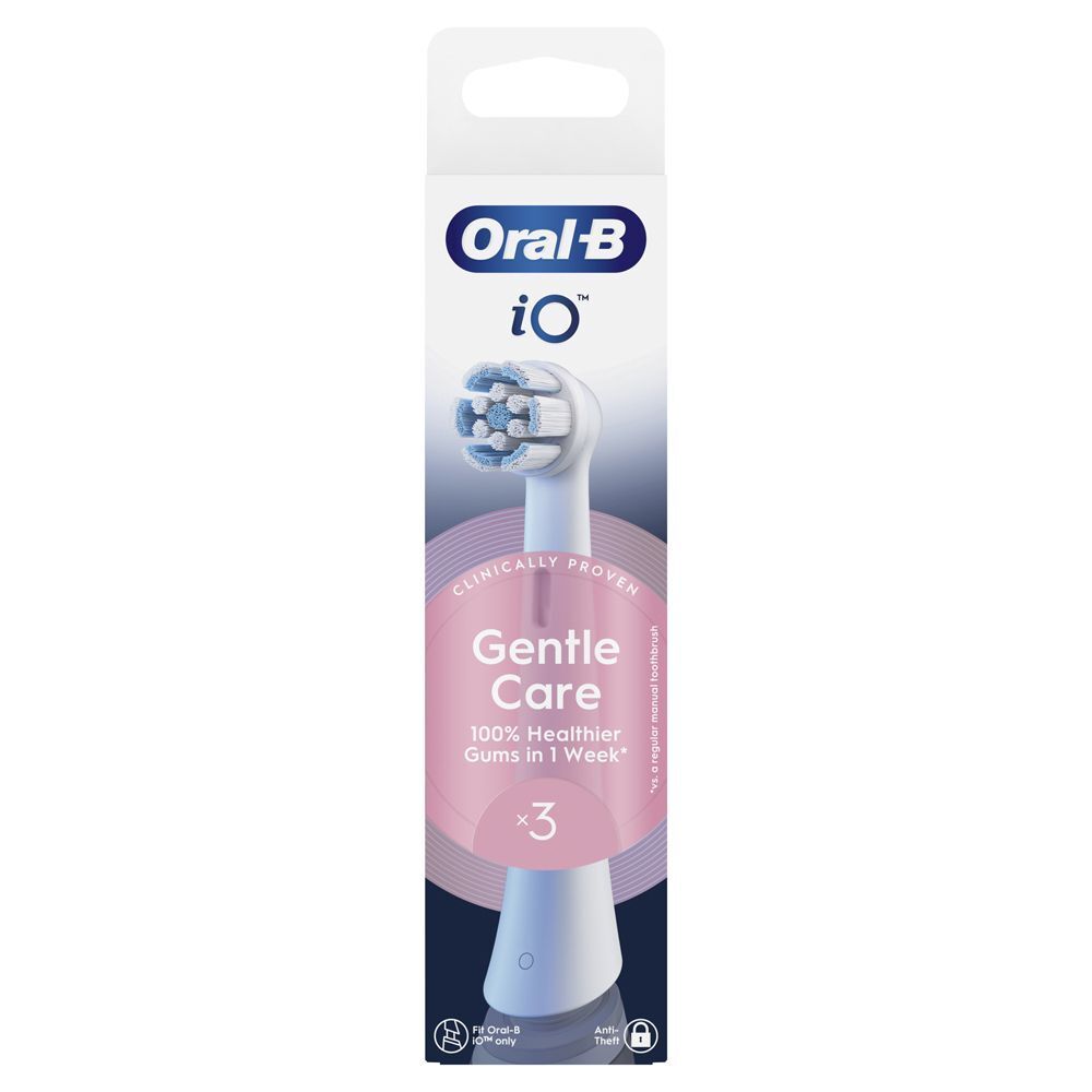 Testine Oral-B iO Gentle Care, confezione da 3. Bianche con setole blu.