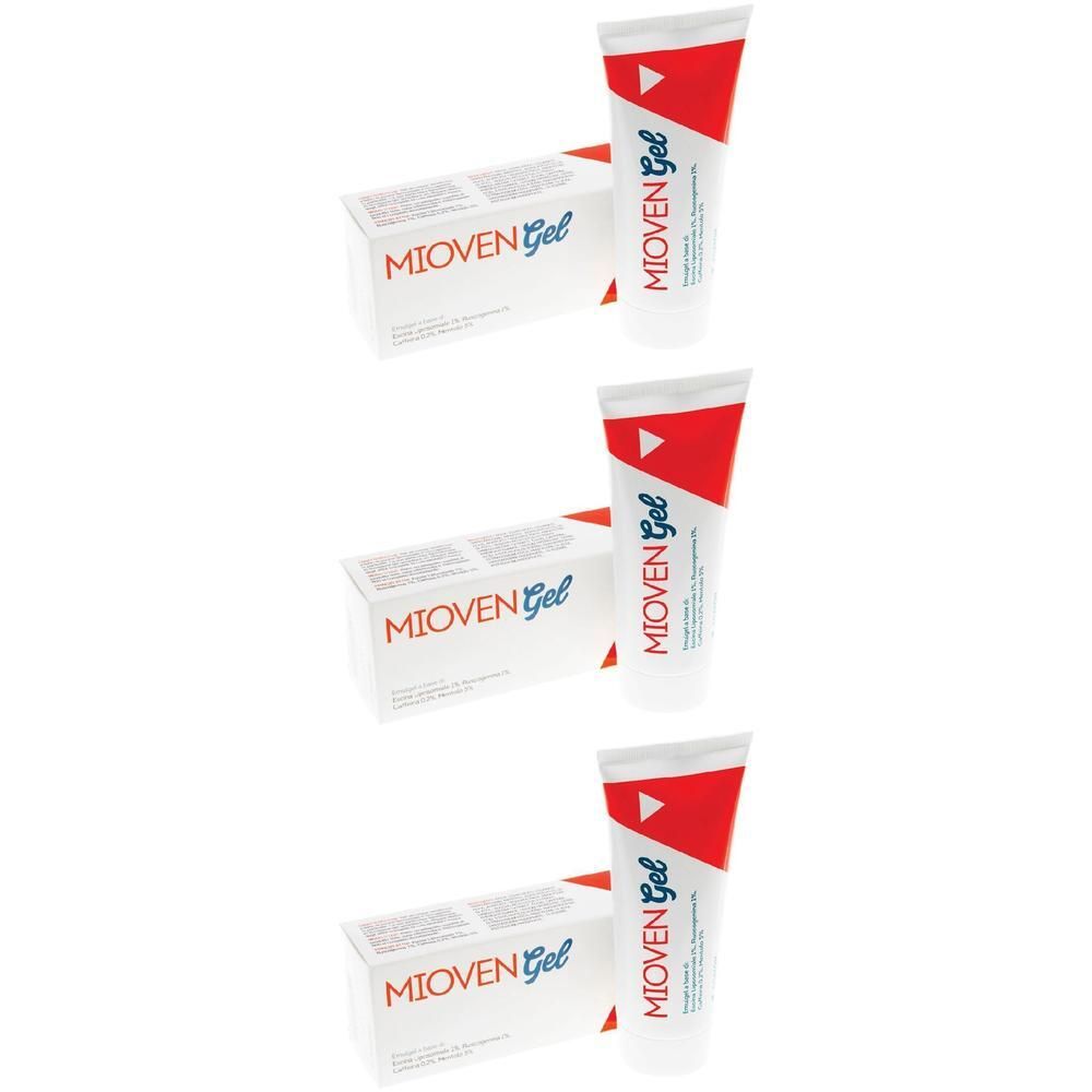 Tre tubetti di Mioven Gel con scatole. Confezione bianco-rossa con scritte blu.