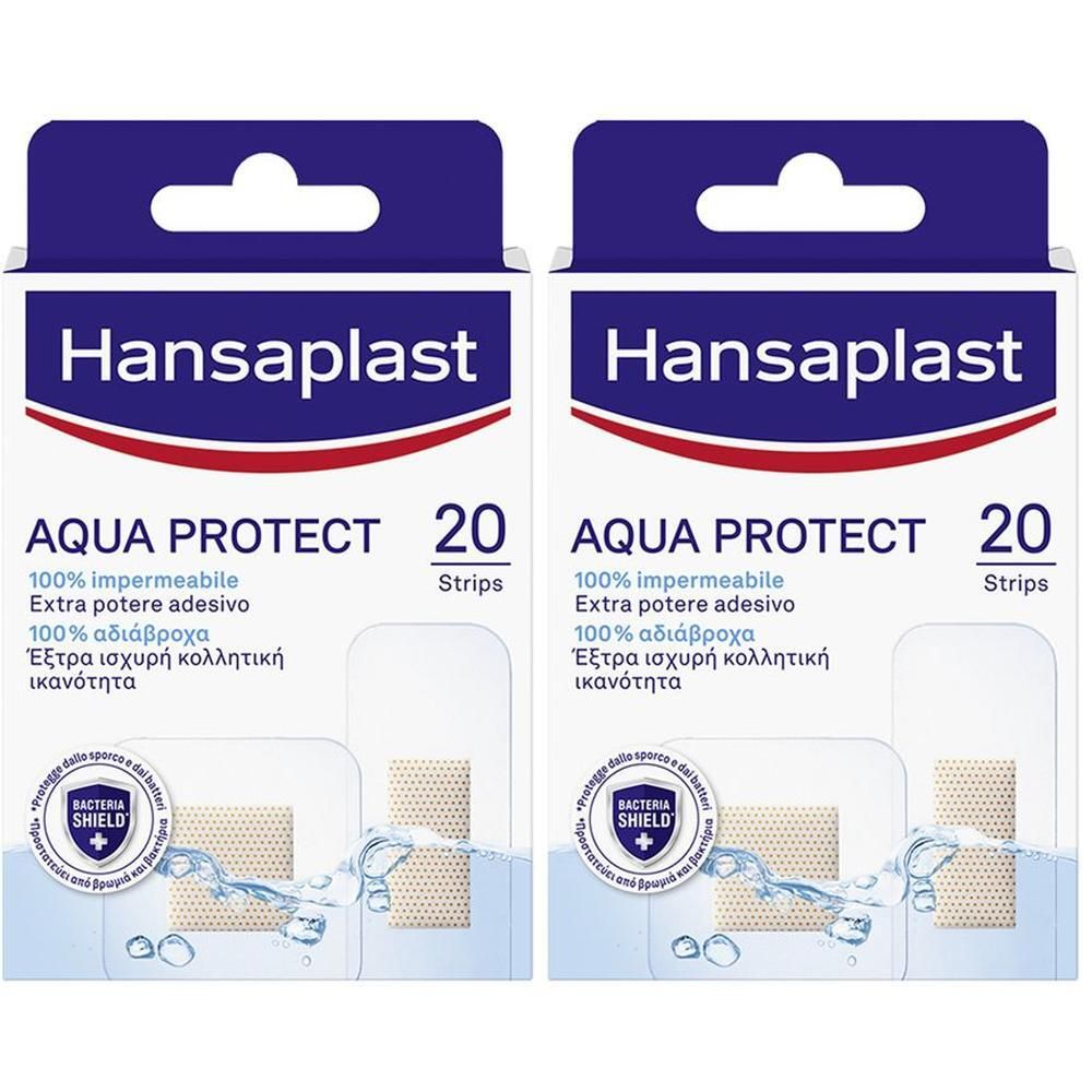 Due confezioni di cerotti Hansaplast Aqua Protect, 20 pezzi, impermeabili e extra adesivi.