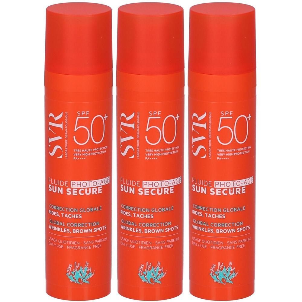 Tre flaconi SVR Sun Secure Photo-Aging Fluido SPF50+ arancioni con tappo rosso. SPF 50+.