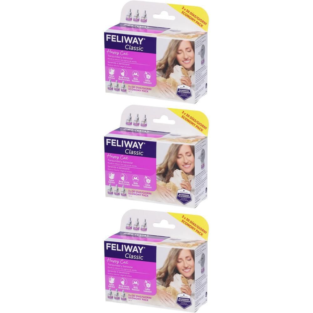Tre ricariche diffusore Feliway Classic in scatole.
