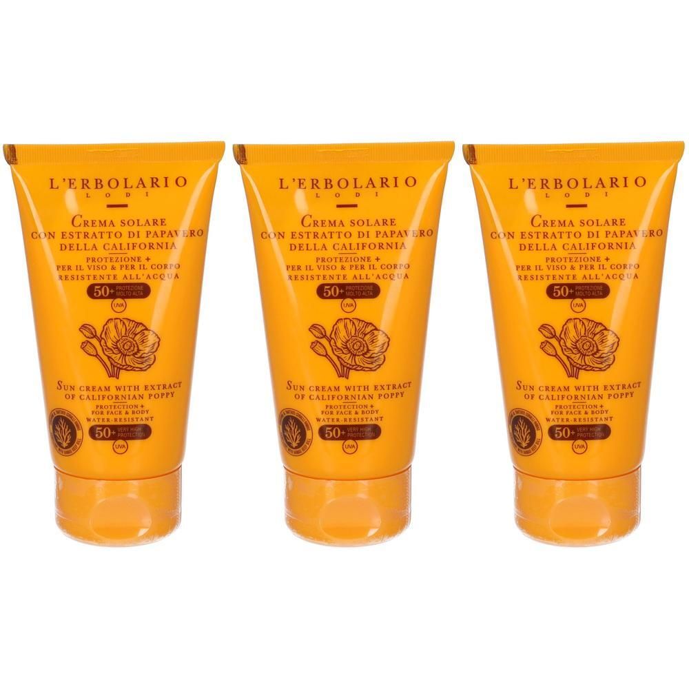 Tre tubetti di crema solare L'Erbolario SPF 50+ con estratto di papavero della California. Per viso e corpo.