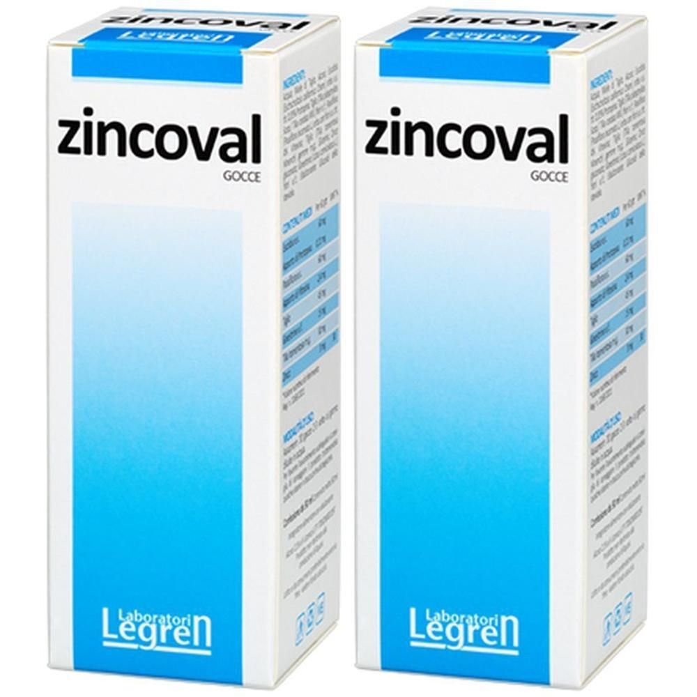 Due confezioni di Zincoval Gocce di Laboratori Legren. Scatole bianche con accenti blu e informazioni sul prodotto.