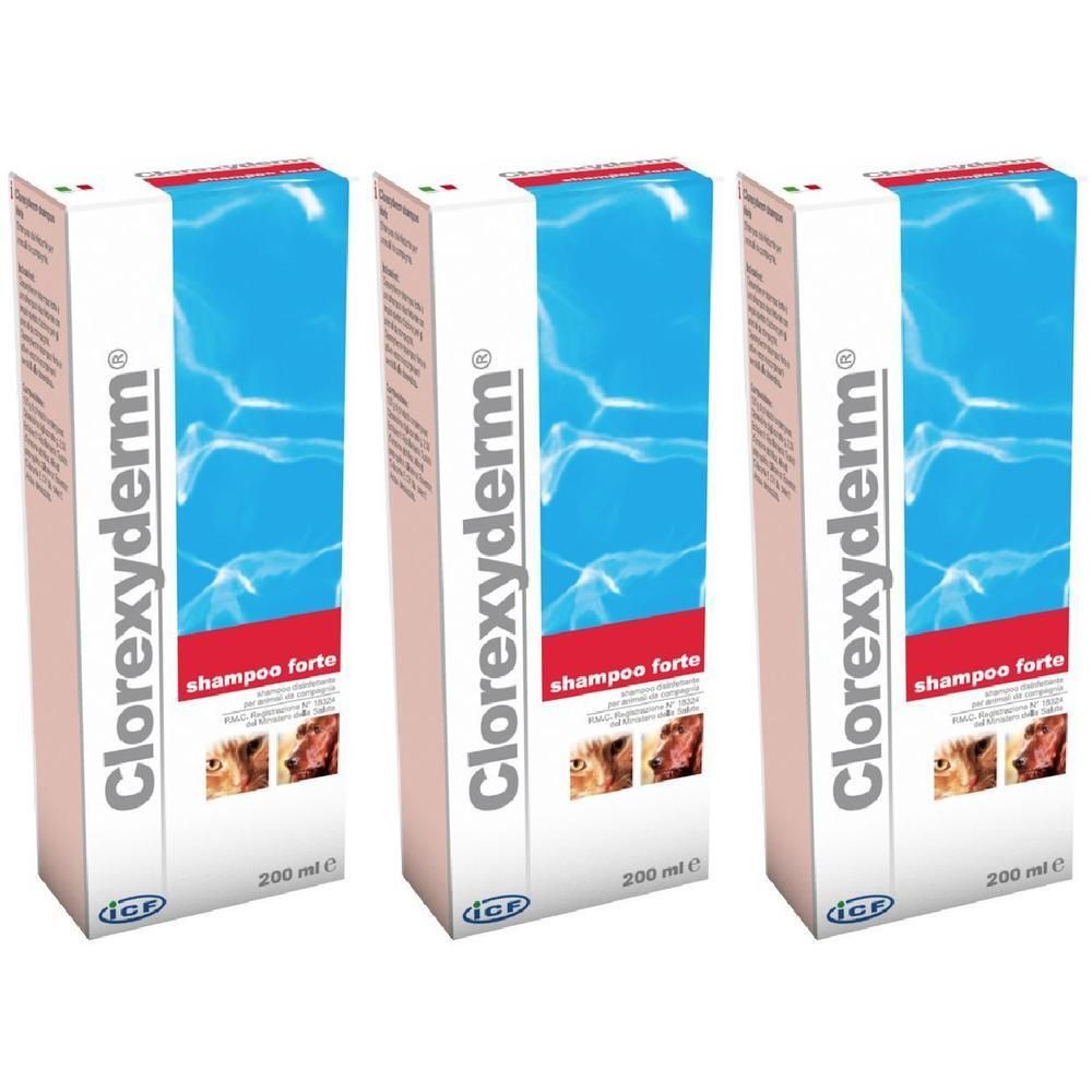 Tre scatole di Clorexyderm Shampoo Forte, 200 ml.