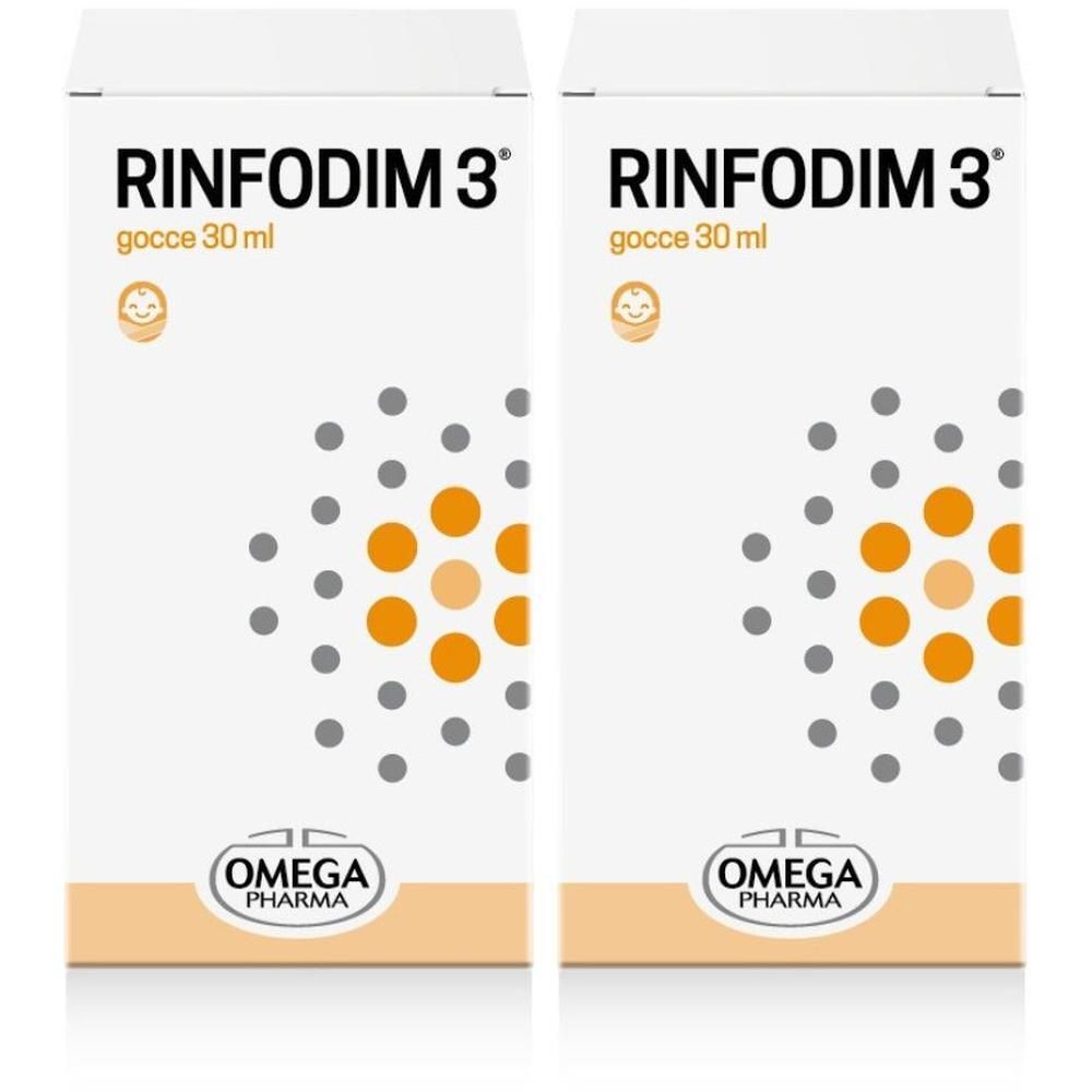 Due confezioni di RINFODIM 3® gocce, 30 ml. Logo Omega Pharma.