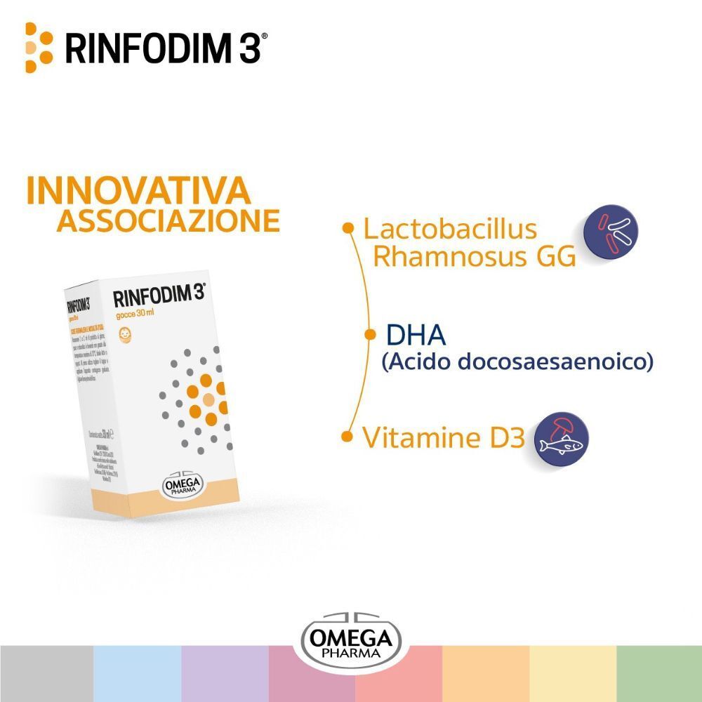 RINFODIM 3® gocce: Lactobacillus Rhamnosus GG, DHA, Vitamina D3. OMEGA PHARMA.