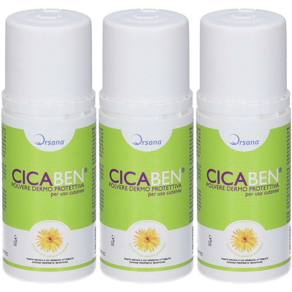 Tre contenitori bianchi con etichetta CICABEN® Polvere Dermo Protettiva e un girasole.