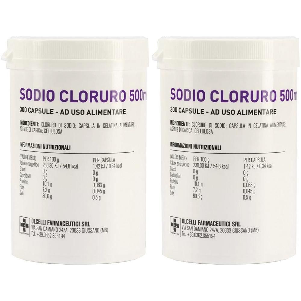 Due contenitori di capsule di Sodio Cloruro, 300 capsule per contenitore, per uso alimentare.