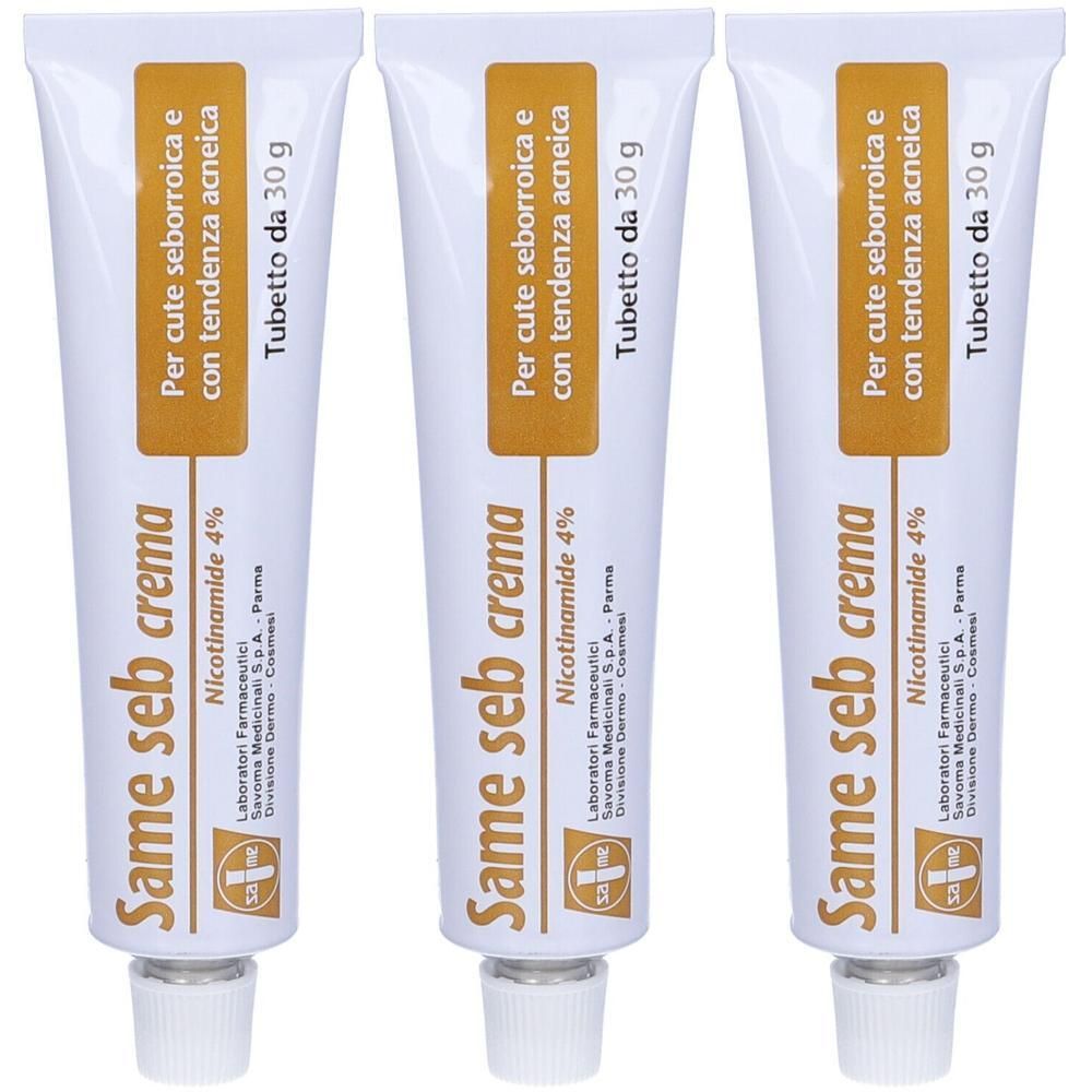 Tre tubetti di Seb Crema, 30g, con Nicotinamide 4%. Per cute seborroica con tendenza acneica.