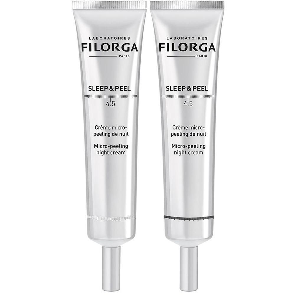 Due tubetti argentati Filorga Sleep & Peel 4.5 Crema micro-peeling di notte.