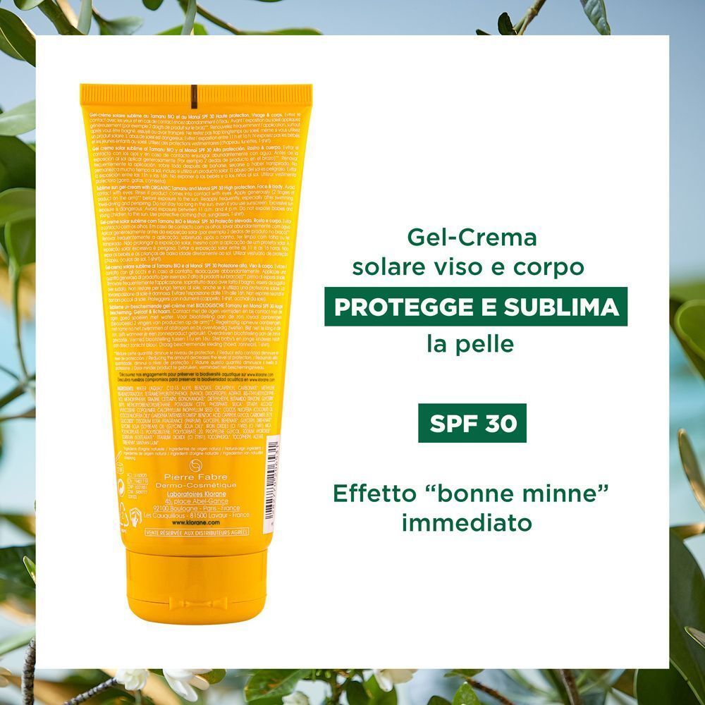Retro di un Klorane Gel-Crema Solare Sublime SPF 30, con istruzioni.