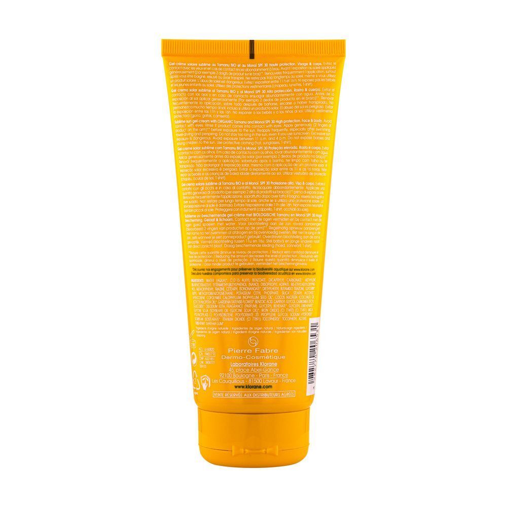 Retro di un Klorane Gel-Crema Solare Sublime, con ingredienti e sito web.