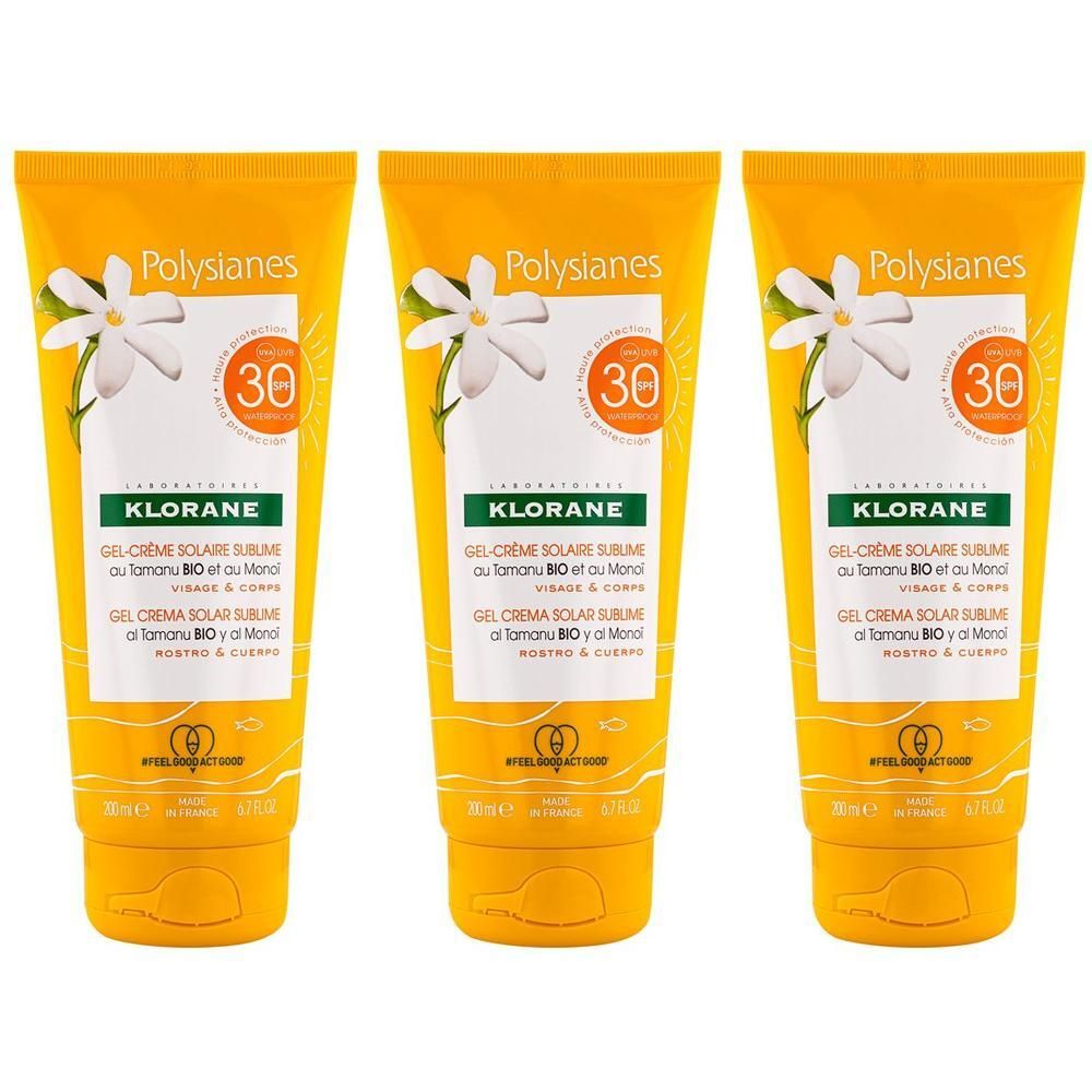 Tre tubi di crema solare Klorane SPF 30 con Tamanu BIO.