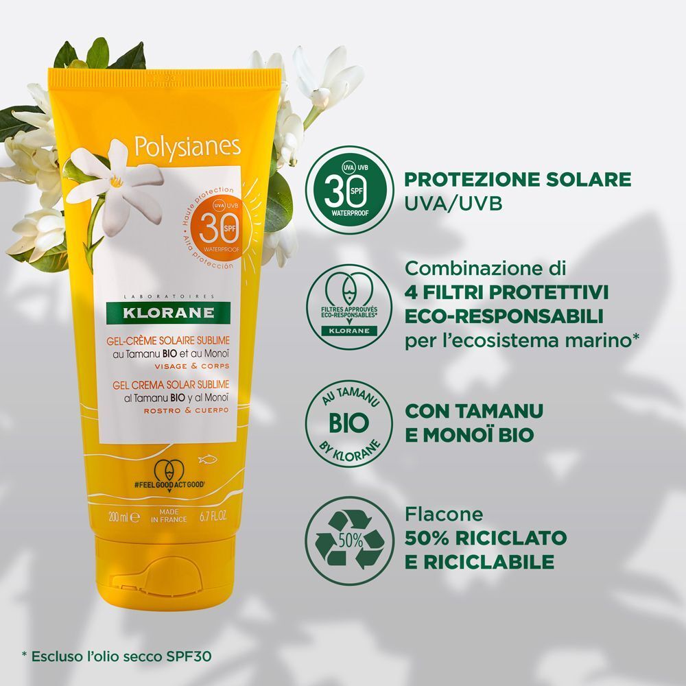 Crema solare Klorane SPF 30: protezione UVA/UVB, 4 filtri, Tamanu BIO, Monoï BIO.