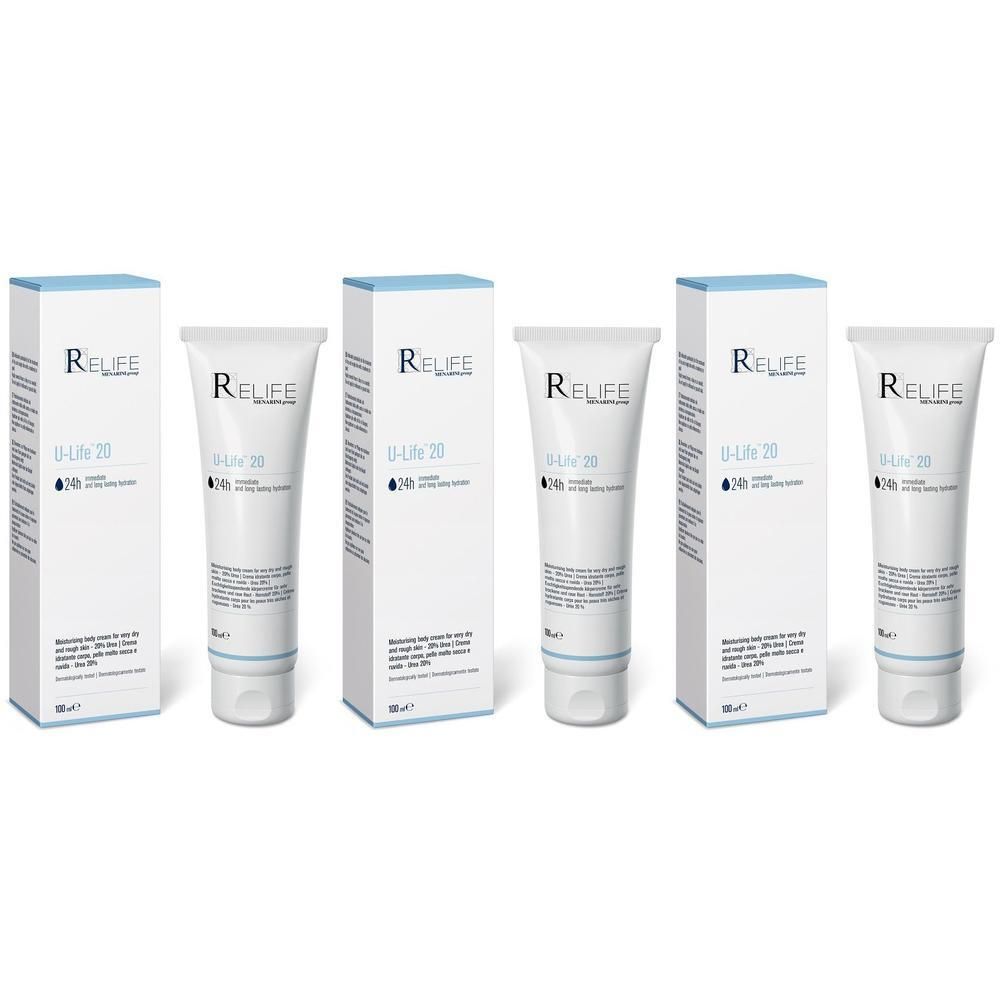 Due tubetti e scatole di crema U-Life 20 con logo RELIFE e simbolo 24h.