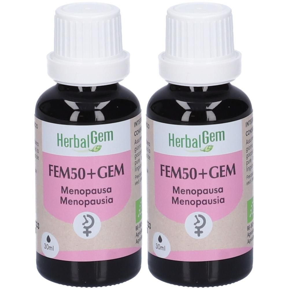 Due flaconi HerbalGem FEM50+GEM Menopausa con contagocce e tappo bianco. Vetro scuro.