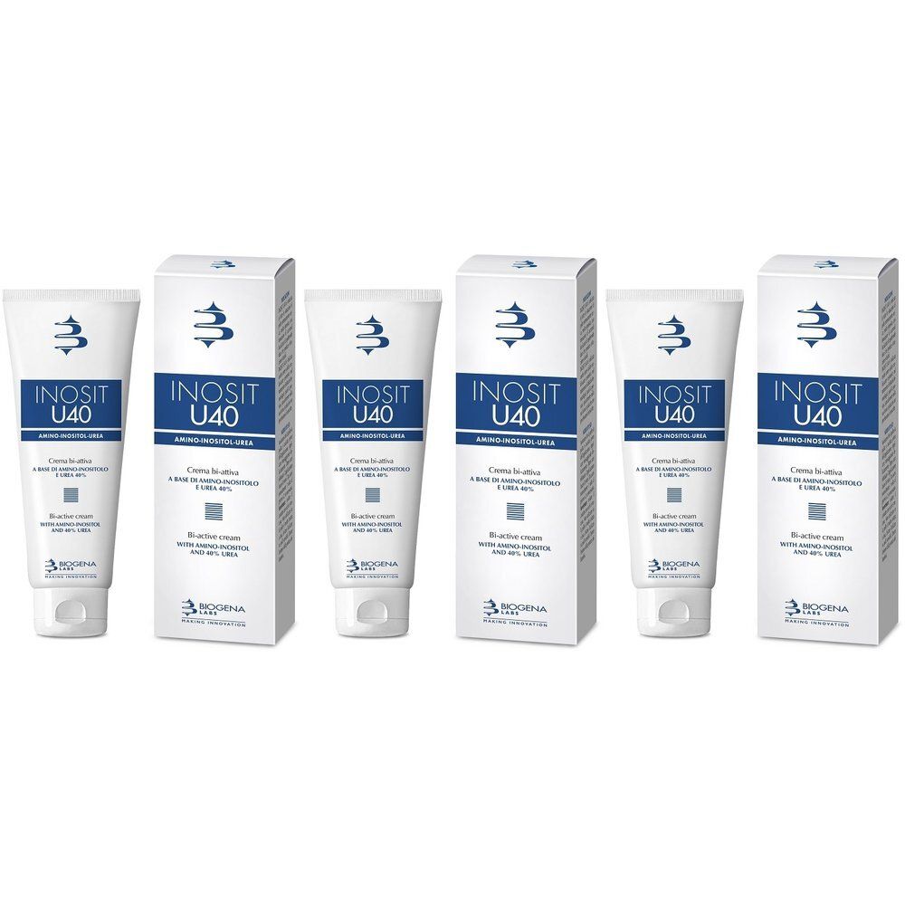 Cinque tubetti e scatole di crema idratante Inosit U40, stampa blu e bianca.
