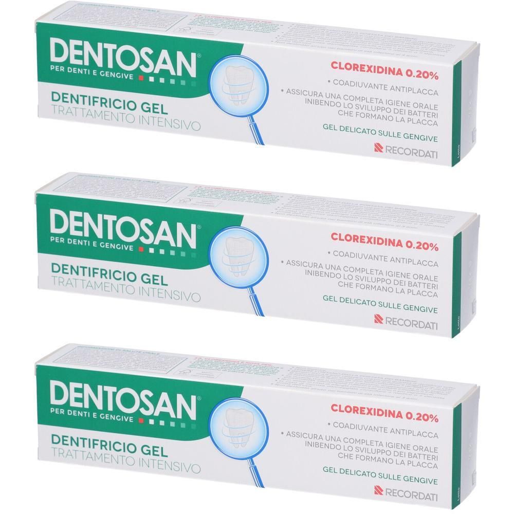 Tre confezioni di gel dentifricio Dentosan con Clorexidina 0,20%. Scatole bianche con accenti verdi e blu.