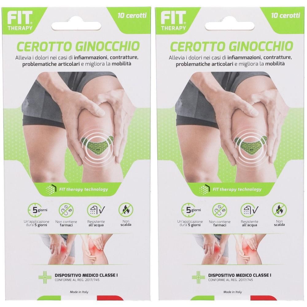 Due confezioni di cerotti per ginocchia Fit Therapy, 10 cerotti per confezione. Mostra un ginocchio con cerotto e simboli di sollievo dal dolore.