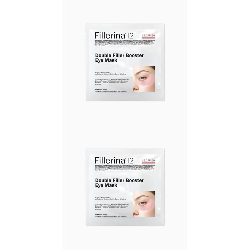 Due bustine singole di Maschera Occhi Fillerina 12 Double Filler Booster. Mostra una donna con patch rosa sotto gli occhi.