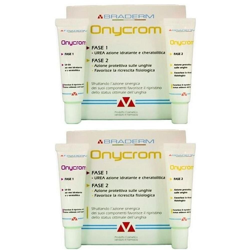 Due tubi e un astuccio Onycrom di Braderm. La confezione contiene istruzioni per la fase 1 e la fase 2.
