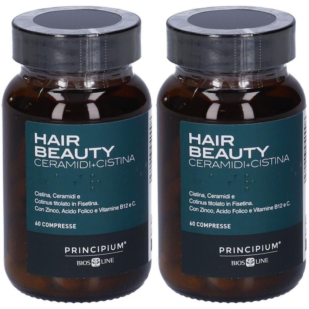 Due flaconi di Principium Hair Beauty con Ceramidi e Cistina, 60 compresse ciascuno.