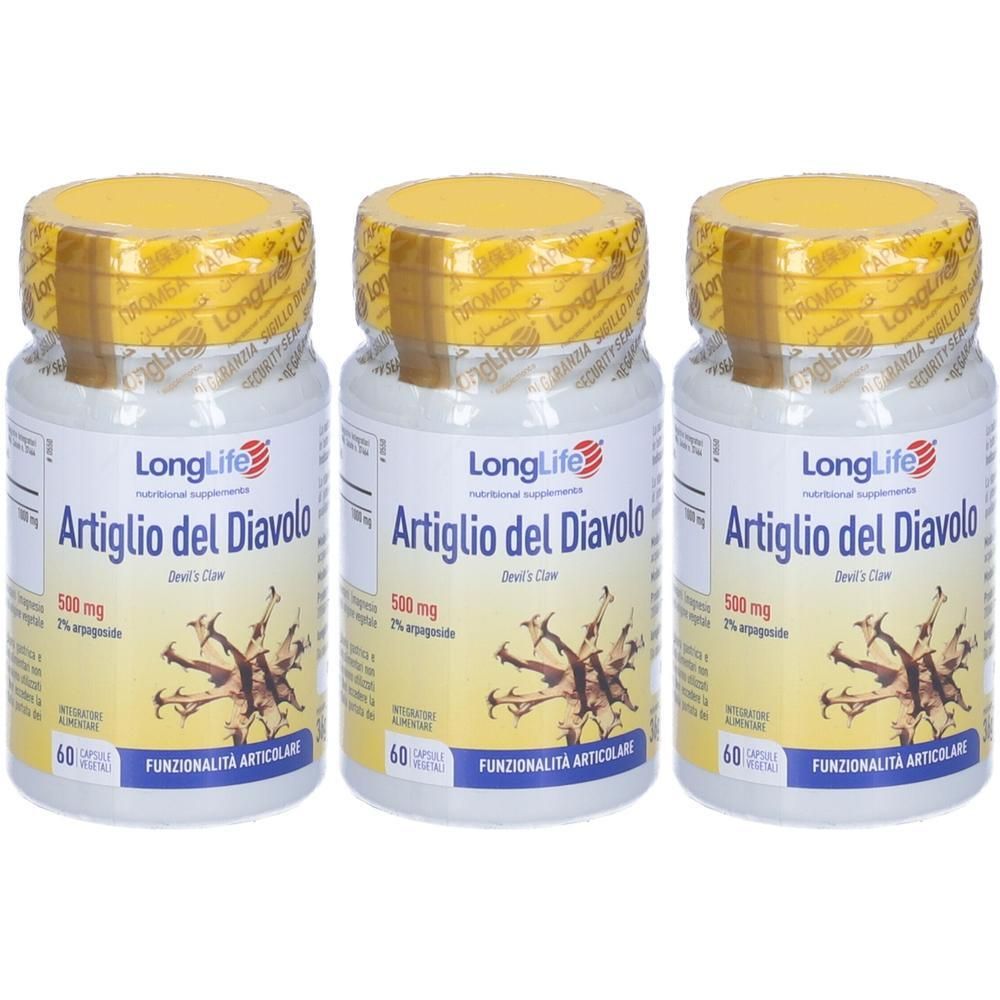 Tre flaconi di LongLife Artiglio del Diavolo, 500 mg, 60 capsule.