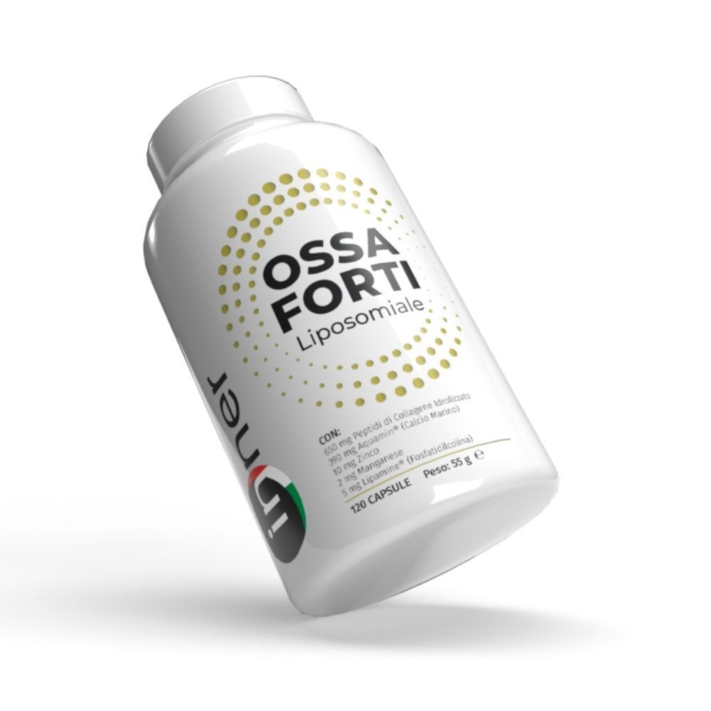 Flacone bianco con etichetta Ossa Forti Liposomiale, con motivo a cerchio e ingredienti.